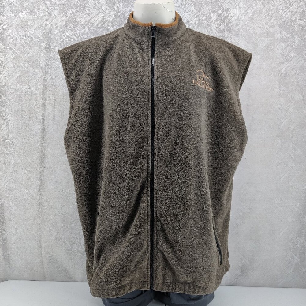 Ducks Unlimited Fleece Vest Mens XXXL Brown Solid Full Zip Outdoor Hunting SEO